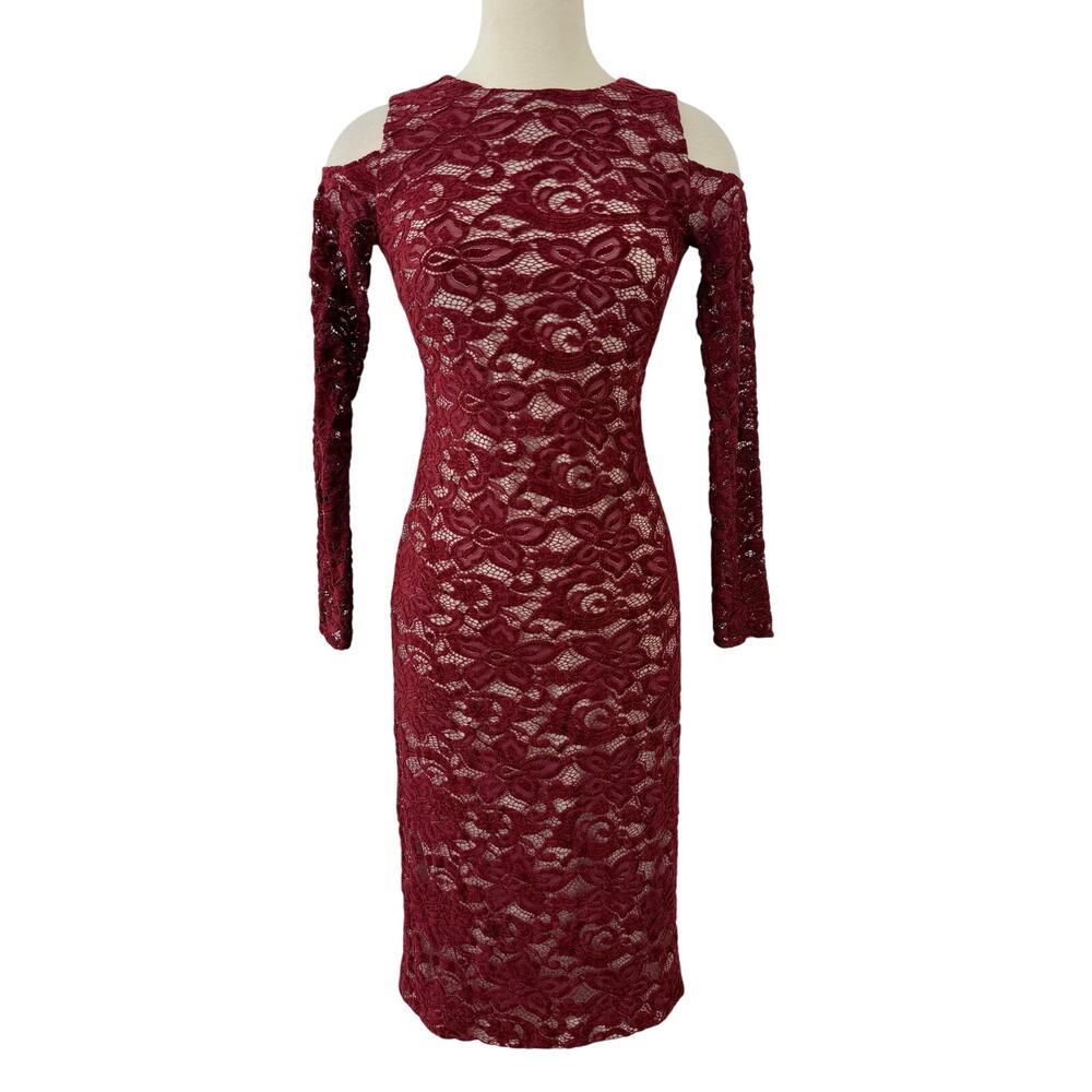 Alice + Olivia Laila Cold-Shoulder Floral-Lace Sheath Dress Bordeaux Red XS